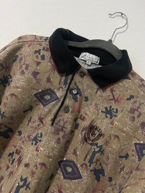 Vintage 90s Haley Polo Shirt L Southwestern Tribal Aztec Print Retro Geometric
